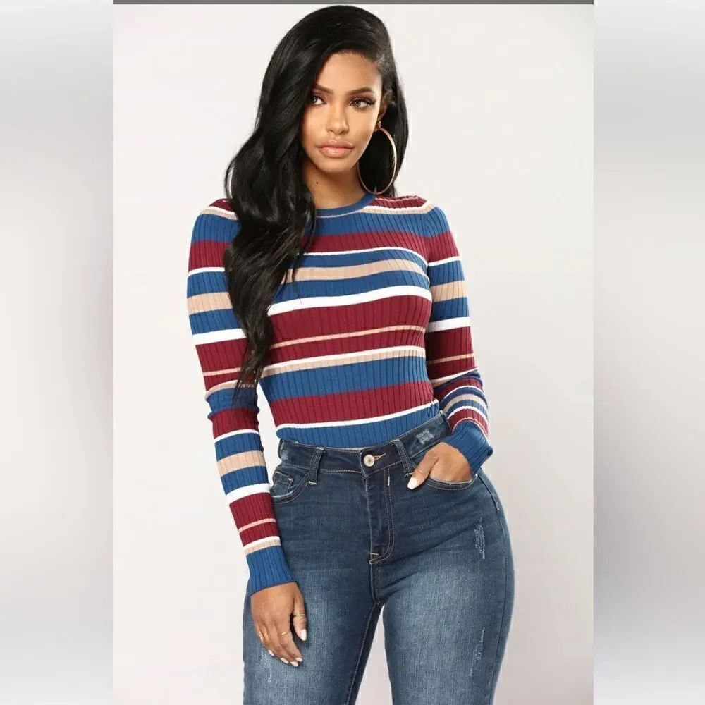 Line Me Up Striped Bodysuit - Blue Multi. Worn Once.